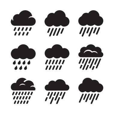 Şeffaf yağmur ve bulutlar da dahil olmak üzere hava ikonlarının toplanması.