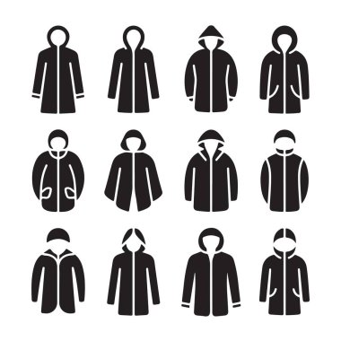 Kapüşonlu ceket vektör simgeleri ayarlandı. Giysiler ve kıyafetler sıcacık..