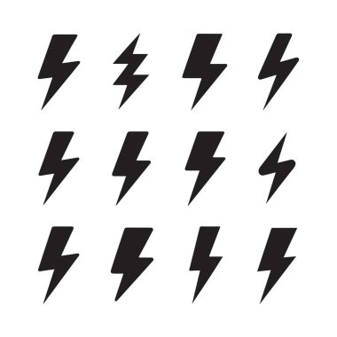 Şimşek işareti vektör simgeleri ayarlandı. Şimşek ve elektrik enerjisi.