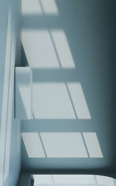 Minimalist iç mekan. Pencere gölgeli güneş ışığı. Ürün sunumu