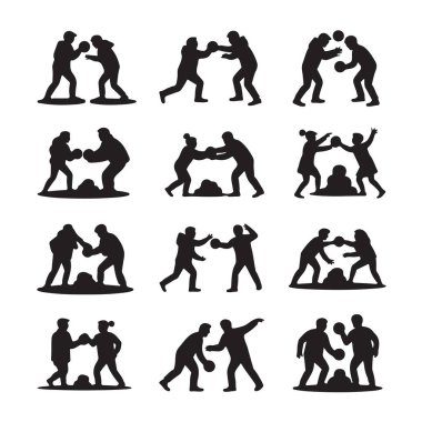 Boks siluetleri, farklı pozlar. İnsanlar boks yapar, basit stil.