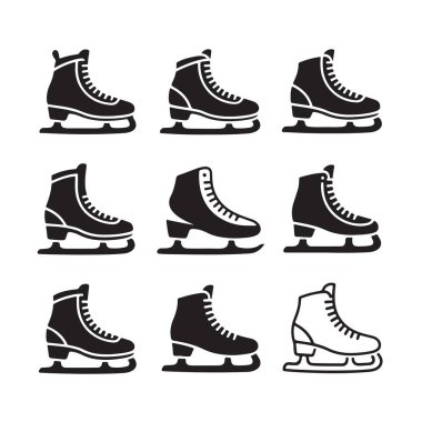 Farklı tasarım ve stillerde buz patenleri. Kış buz pateni.