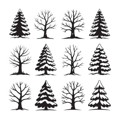 Siyah siluet ağaç koleksiyonu. Değişik şekillerde. Doğa tasarım projeleri.