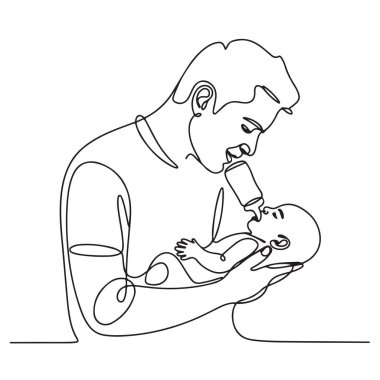 Baba bebeği besliyor. Modern ebeveynlik tasarım vektör sanatı çizimi.