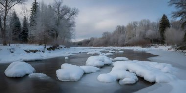 Kış nehri sahnesi karlı kıyılar. Donmuş arazi soğuğu. Buzlu nehir kıyısı.