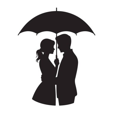 Siluetli çift resimlere sarılıyor. Şemsiye altında romantik an silueti.