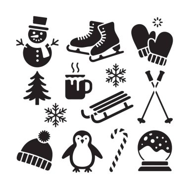 Etkinlik simgesi ayarlandı. Vektör çizimi. Kış tatili. Daha soğuk aylar.