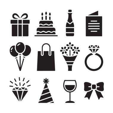 Party icons silhouette set. Gift box, birthday cake, champagne bottle.