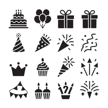 Kek balonlarıyla kutlama partisi. Hediyeler, parti şapkaları.