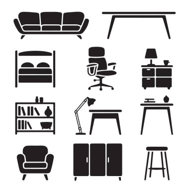 İç mobilya ikonları. Kanepe ve kitaplık sandalye seti.