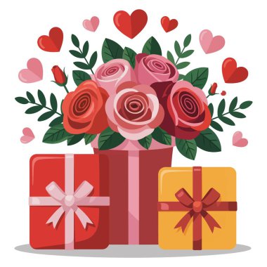 Hediye kutularıyla sevgililer günü gülleri. Romantik kutlamalar..