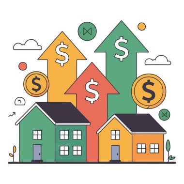 Gayrimenkul piyasasında evler ve yükselen oklarla büyüme.