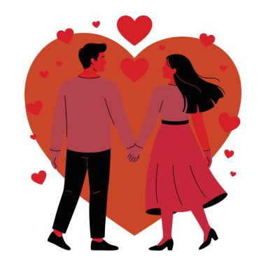 Sevgililer Günü romantik yürüyüşü. Büyük bir kalbin önünde el ele tutuşarak birkaç tur. Küçük kalpler.