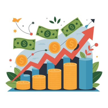 Para büyüme çizelgesi ve yukarı doğru ok. Para ve para maddi başarı için..