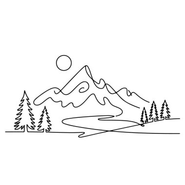 Rüzgarlı nehir ve güneşli gökyüzünün altındaki ağaçlarla sakin dağ manzarası