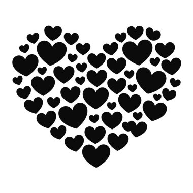 Siyah kalp şekilleri beyaz arkaplanda geniş bir kalple sıralanır.