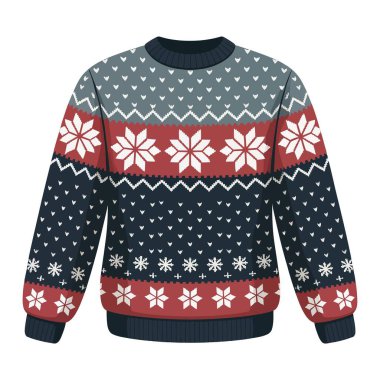 Çirkin süveter çizimi. Kar tanesi desenli kış giysisi tasarımı. Hoş bir kazak..