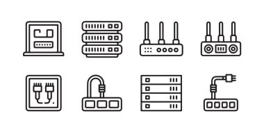 Ağ donanım hattı simgeleri sunucu rafları kablosuz yönlendiriciler güç bantları veri merkezi altyapı elemanları