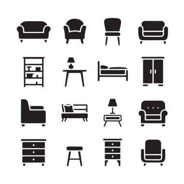 Mobilya ikonu seti. Koltuk koltuğu, masa dolabı düzenleyicisi.