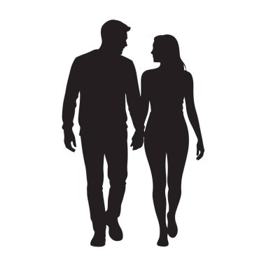 Genç çiftin siyah silueti; yürüyen ve el ele tutuşan; romantik erkek ve kadın; birlikte ve aşkta; ilişki konsepti; randevu gecesi; mutlu çift