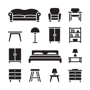 Oda dekorasyonu için koltuk, masa dolabı raflarını gösteren mobilya simgeleri.