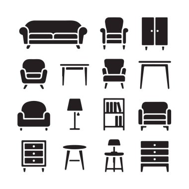İç mobilya simgeleri siyah siluet biçiminde