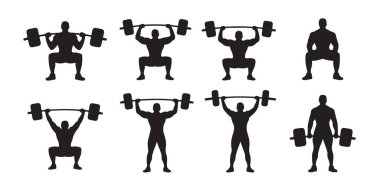 Güçlü adamlar halterle çömelir. Atletler üstten kaldırır. Ağırlık antrenmanı aşamaları. Kaslı fitness figürleri.