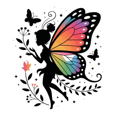 Sihirli peri silueti gökkuşağı kanatları fantezi peri karakteri tuhaf doğası