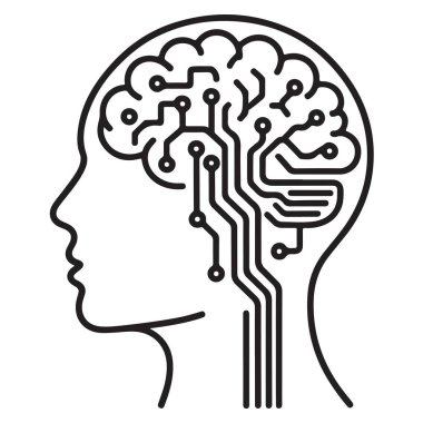 Yapay zeka ve insan aklı. Beyin devresi dijital teknolojisi. Bir insan kafasının içindeki elektrik bağlantıları.