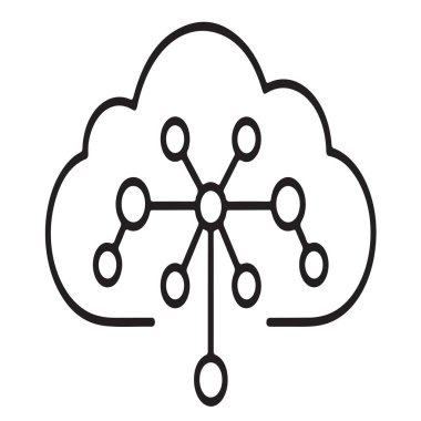 Bulut ağı bağlantıları. Merkezi bulut sunucusuna bağlanan birden fazla nokta. Küresel veri değişimi ve paylaşım kavramı.