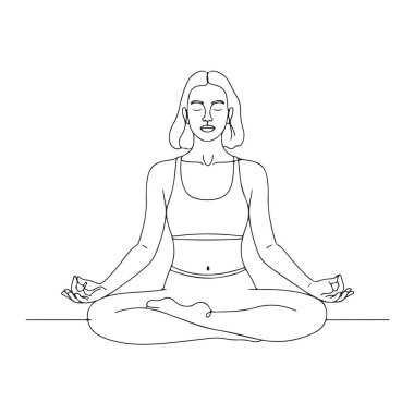 Lotus pozisyonu çiziminde meditasyon yapan bir kadın. Basit bir grafik tasarım. Sağlık yoga stüdyosu işi. Meditasyon gevşemesi.