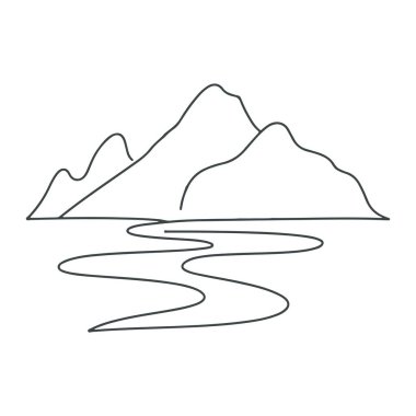 Akan nehir çizgileri olan dağ manzarası. Basit bir grafik tasarım. Doğa manzarası çizimi. Dışarısı sakin..