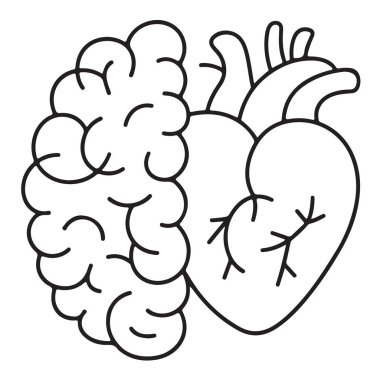 İnsan beyni ve kalp çizimi. Basit bir grafik tasarım. Mantıksal duygu dengesi. Zihinsel ve fiziksel sağlık.