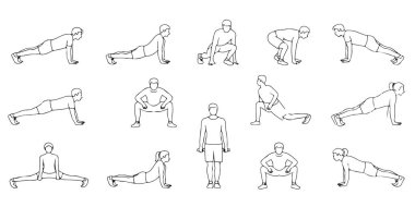 Fitness esneme ve ısınma egzersizleri, kalas yoga hamlesi şınav da dahil.