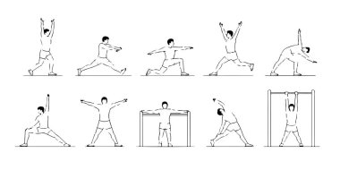 Farklı esneme ve jimnastik hareketlerini açıkça gösteren minimalist çizgi simgeleri kümesi