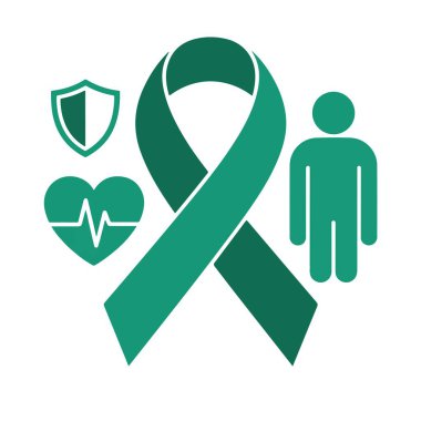 Teal sağlık kalkanı kalbi ve tıbbi destek için insan ikonlarına sahip farkındalık kurdelesi