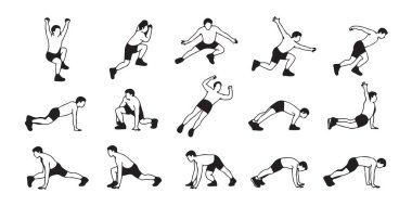 Fitness adamı egzersiz yapıyor. Vücut ağırlığı egzersizi. Sağlıklı bir hayat. Çizgi sanat vektörü grafiği.