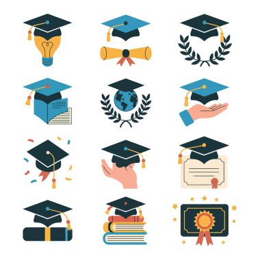 Mezuniyet başlığı simgeleri diploma ampul dünya kitaplarını şeffaf arkaplan üzerine defne çelengi ayarladı