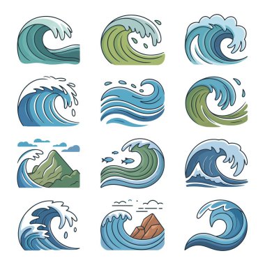 Okyanus dalga ikonları çeşitli su kırma ve sörf elementleri stilleri içerir. Deniz ve yaz tasarımları için mükemmel.