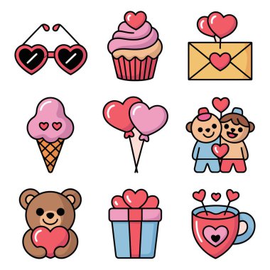 Sevgililer Günü ikonları Romantik kalp sembolleri ve şirin hediyeler