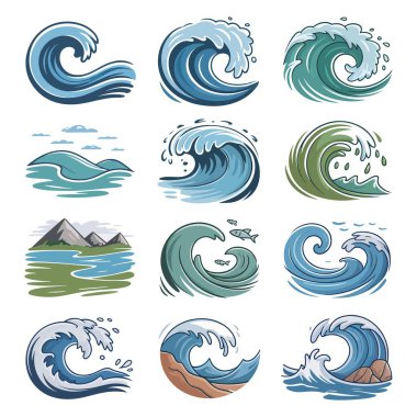 Deniz dalgası vektörü okyanus suyu sıçramaları ve sörf simgelerini ayarladı
