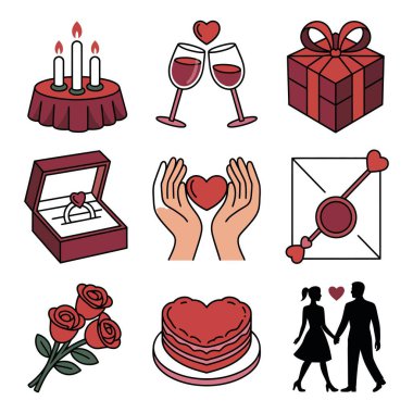 Romantik kutlama sembolleri. Aşk ve ilişki elementleri. Tebrik kartları ve hediyeler için mükemmel..