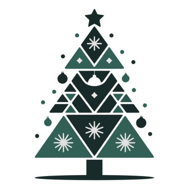 Soyut noel ağacı. Kar taneleri ve süslemelerle Geometrik tasarım. Modern bayram kutlaması.