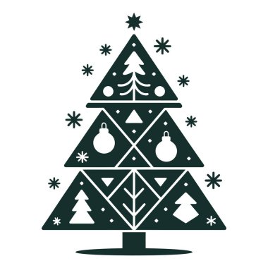 stilize edilmiş Noel ağacı düz illüstrasyon, şeffaf arkaplan tasarımı üzerinde kar taneleri yıldızını süsler