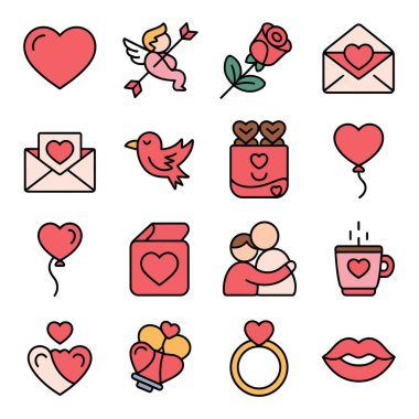 Aşk kutlamaları ve selamlar için 16 tatlı ve romantik vektör ikonu koleksiyonu