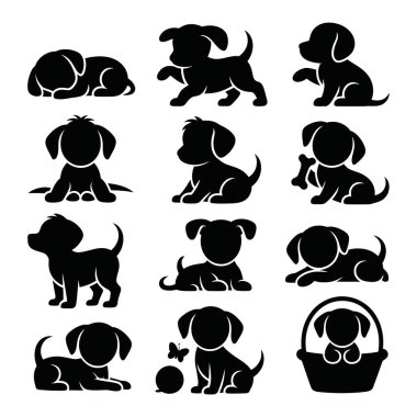 Çeşitli neşeli pozları olan sevimli köpek yavrusu silueti.