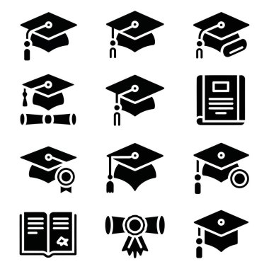 Mezuniyet şapkası ve eğitim simgeleri siyah beyaz. Diploma diploması açık ve akademik başarıyı temsil eden öğrenciler