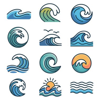 Dalga simgeleri mavi ve yeşil olarak ayarlandı. Çeşitli okyanus suları deniz doğası ve yaz plaj kavramlarını tasvir eder.