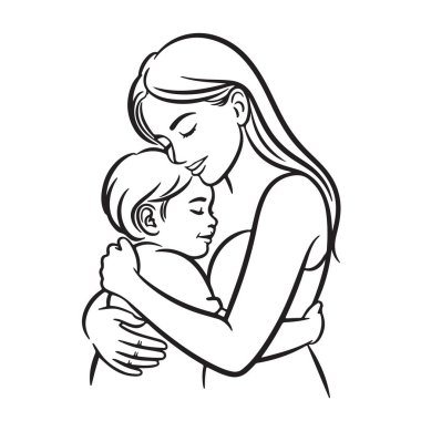Anne bebek kucaklaması; aralıksız çizgi sanatı; anne sevgisi; aile bağı illüstrasyonu