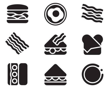 Hamburger, pastırmalı sandviç, taco ve yastık şekilli ikonlar.